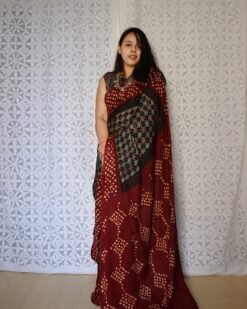 Black Brown Colour Ajrakh Digital Print Muslin fabric Saree