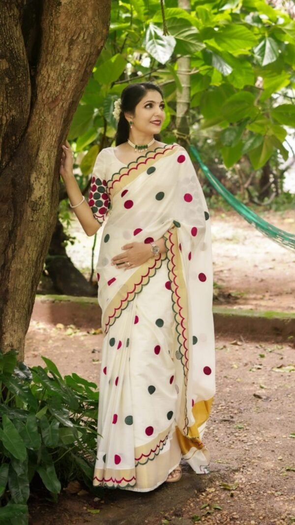 White Plain Linen Polka Dot Saree – Elegant Daily Wear
