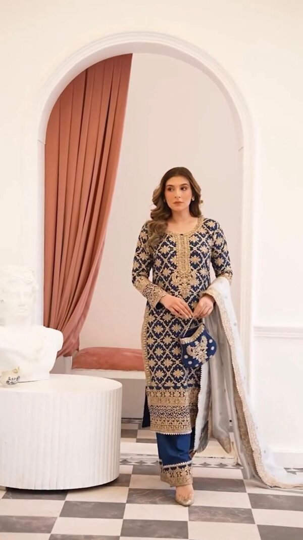 Navy Blue Kurta Set for Women heavy embroidered plazzo dupatta party wear